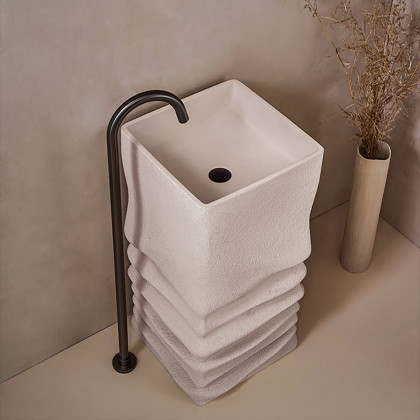 HMR - 34" Tall Japandi Stone Resin Freestanding Bathroom Sink Farmhouse Pedestal Sink in Beige