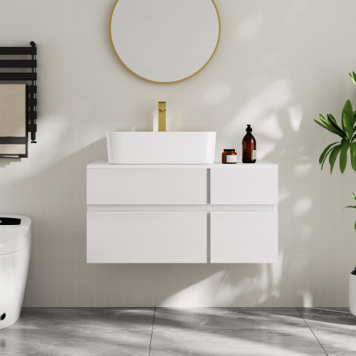 HMR Modern Floating Bathroom Vanity Set with Faux Marble Top & Double Ceramic with Vessel Sink - White, 31.5"