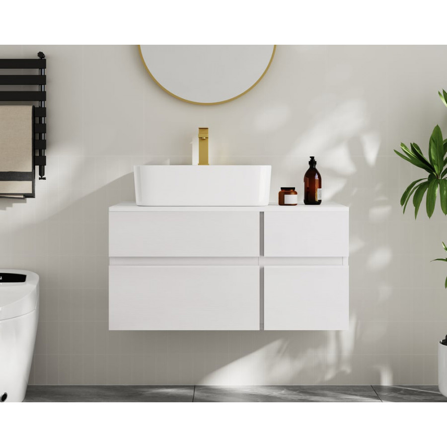 HMR Modern Floating Bathroom Vanity Set with Faux Marble Top & Double Ceramic with Vessel Sink - White, 31.5"