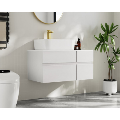 HMR Modern Floating Bathroom Vanity Set with Faux Marble Top & Double Ceramic with Vessel Sink - White, 31.5"