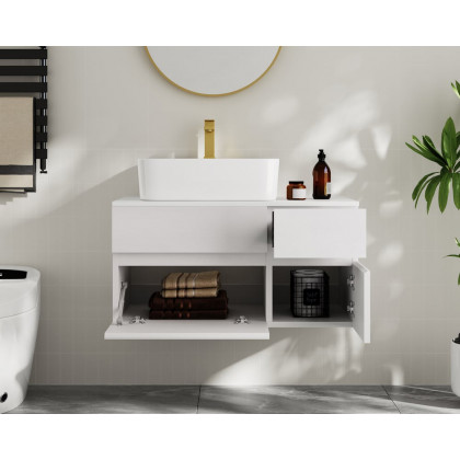 HMR Modern Floating Bathroom Vanity Set with Faux Marble Top & Double Ceramic with Vessel Sink - White, 31.5"
