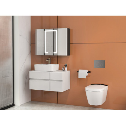 HMR Modern Floating Bathroom Vanity Set with Faux Marble Top & Double Ceramic with Vessel Sink - White, 31.5"