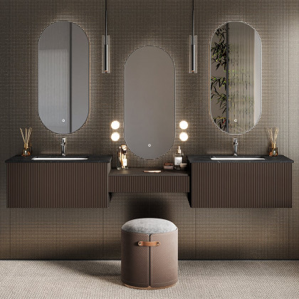 HMR - Bathroom Vanity Set 85" Modern Floating Bathroom Vanity Walnut with Double Sinks