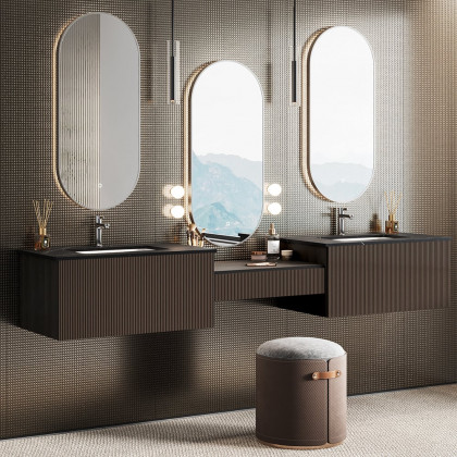 HMR - Bathroom Vanity Set 85" Modern Floating Bathroom Vanity Walnut with Double Sinks