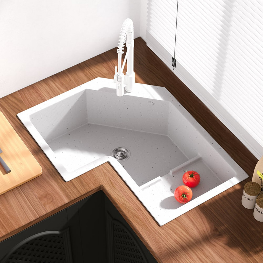 HMR 32" Modern Drop In Corner Kitchen Sink Single Bowl Quartz Irregular - White, Right Corner