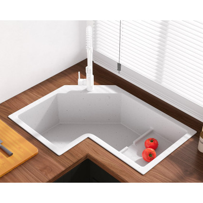 HMR 32" Modern Drop In Corner Kitchen Sink Single Bowl Quartz Irregular - White, Right Corner