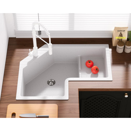 HMR 32" Modern Drop In Corner Kitchen Sink Single Bowl Quartz Irregular - White, Right Corner