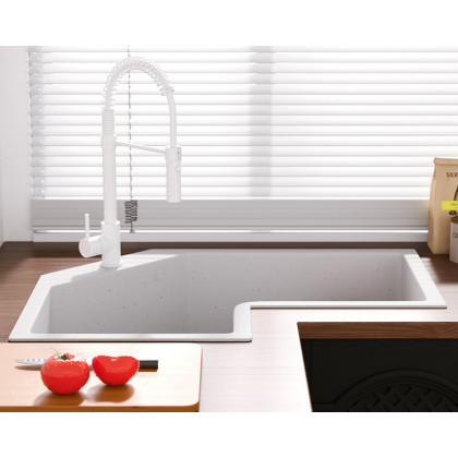 HMR 32" Modern Drop In Corner Kitchen Sink Single Bowl Quartz Irregular - White, Right Corner