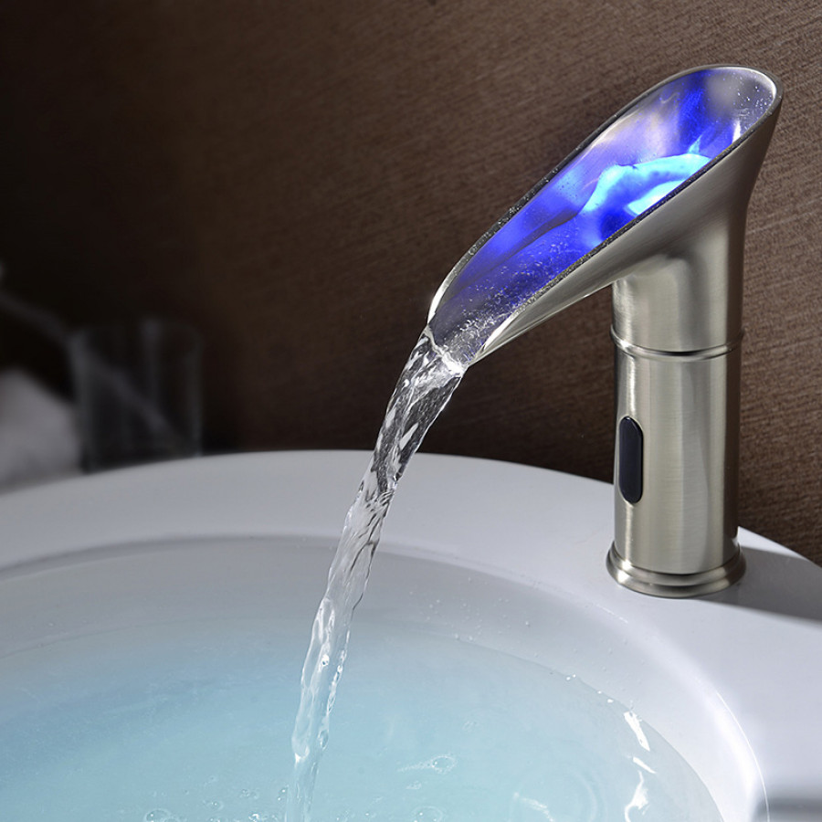 HMR - LED Single Hole Touchless Bathroom Sink Waterfall Faucet in Brushed Nickel