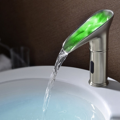 HMR - LED Single Hole Touchless Bathroom Sink Waterfall Faucet in Brushed Nickel