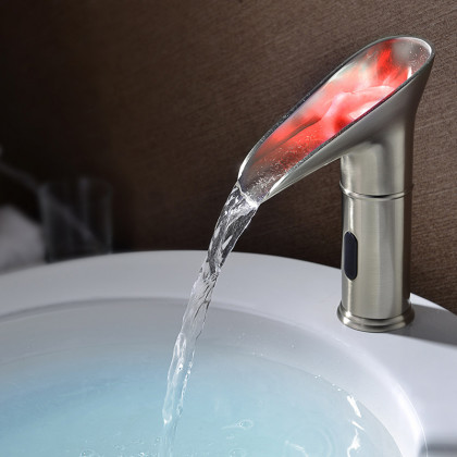 HMR - LED Single Hole Touchless Bathroom Sink Waterfall Faucet in Brushed Nickel