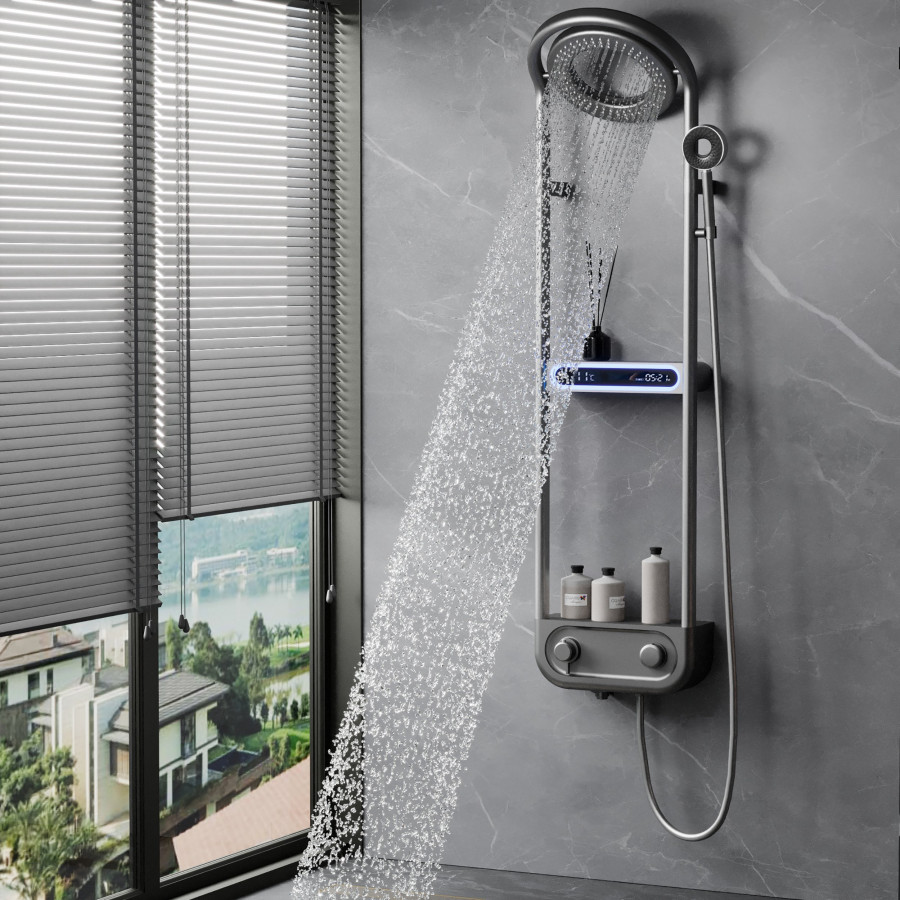 HMR - 360° Rotating Thermostatic Shower System Set with LED Display and Storage Shelf