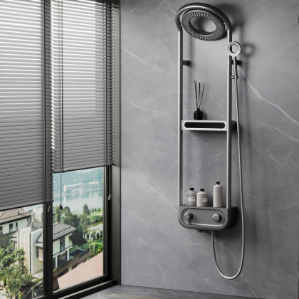 HMR - 360° Rotating Thermostatic Shower System Set with LED Display and Storage Shelf