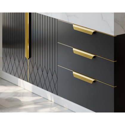 HMR Aro Freestanding Single Sink Bathroom Vanity Drawers Doors Faux Marble Top - Black & Gold, Floating / Wall Mounted, Single