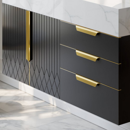 HMR Aro Freestanding Single Sink Bathroom Vanity Drawers Doors Faux Marble Top - Black & Gold, Floating / Wall Mounted, Single