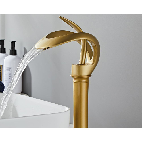 HMR Modern Elegant Waterfall Bathroom Vessel Sink Faucet Single Handle Solid Brass - Gold