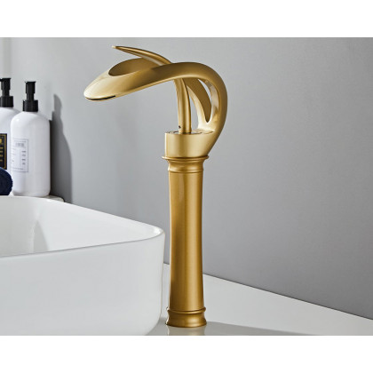 HMR Modern Elegant Waterfall Bathroom Vessel Sink Faucet Single Handle Solid Brass - Gold