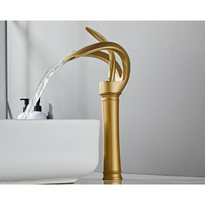 HMR Modern Elegant Waterfall Bathroom Vessel Sink Faucet Single Handle Solid Brass - Gold