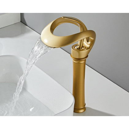 HMR Modern Elegant Waterfall Bathroom Vessel Sink Faucet Single Handle Solid Brass - Gold