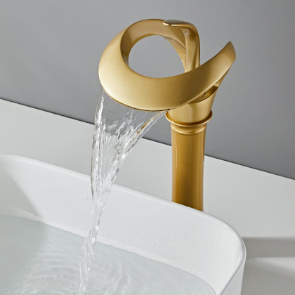 HMR Modern Elegant Waterfall Bathroom Vessel Sink Faucet Single Handle Solid Brass - Gold