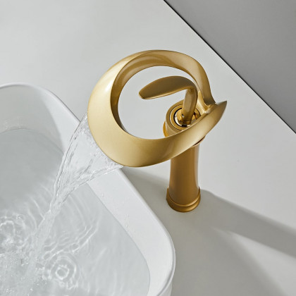 HMR Modern Elegant Waterfall Bathroom Vessel Sink Faucet Single Handle Solid Brass - Gold