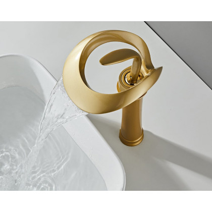 HMR Modern Elegant Waterfall Bathroom Vessel Sink Faucet Single Handle Solid Brass - Gold