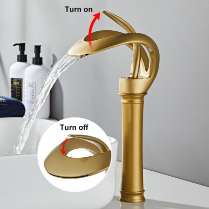 HMR Modern Elegant Waterfall Bathroom Vessel Sink Faucet Single Handle Solid Brass - Gold