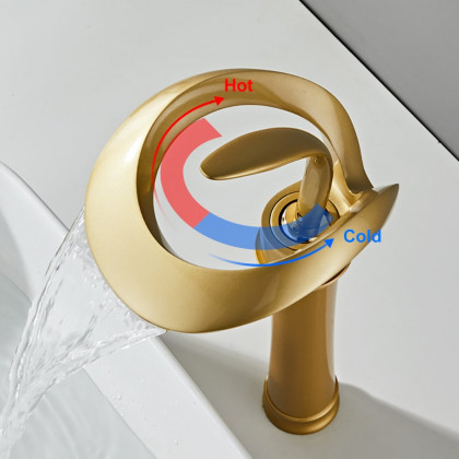HMR Modern Elegant Waterfall Bathroom Vessel Sink Faucet Single Handle Solid Brass - Gold