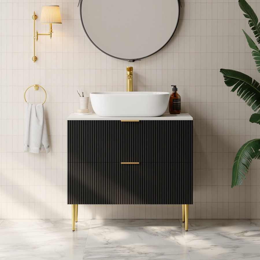 HMR - 31.5'' Black Single Fluted Bathroom Vanity with Vessel Sink and 2 Drawers