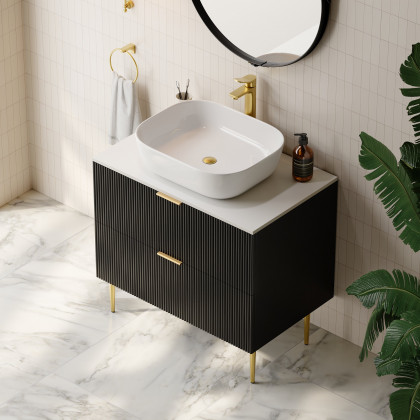 HMR - 31.5'' Black Single Fluted Bathroom Vanity with Vessel Sink and 2 Drawers