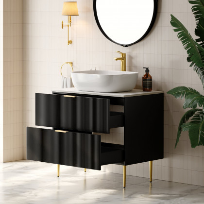 HMR - 31.5'' Black Single Fluted Bathroom Vanity with Vessel Sink and 2 Drawers