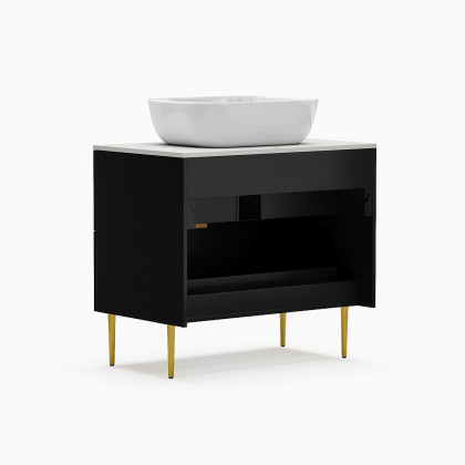 HMR - 31.5'' Black Single Fluted Bathroom Vanity with Vessel Sink and 2 Drawers