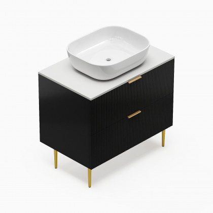 HMR - 31.5'' Black Single Fluted Bathroom Vanity with Vessel Sink and 2 Drawers