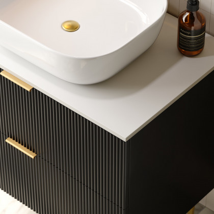 HMR - 31.5'' Black Single Fluted Bathroom Vanity with Vessel Sink and 2 Drawers