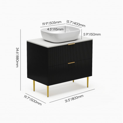 HMR - 31.5'' Black Single Fluted Bathroom Vanity with Vessel Sink and 2 Drawers