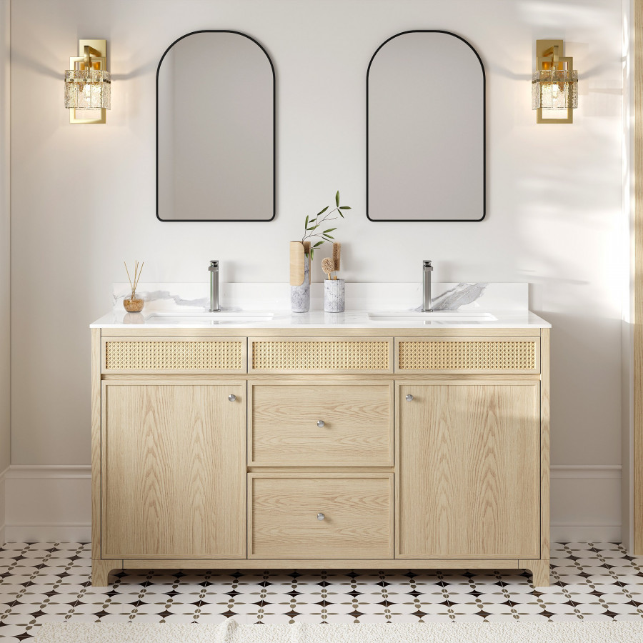 HMR - Bathroom Vanity Set 61" Freestanding Stone Bathroom Vanity Natural with Double Sinks
