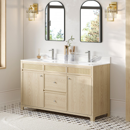 HMR - Bathroom Vanity Set 61" Freestanding Stone Bathroom Vanity Natural with Double Sinks