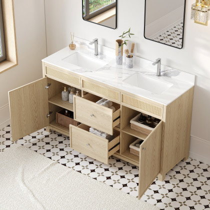 HMR - Bathroom Vanity Set 61" Freestanding Stone Bathroom Vanity Natural with Double Sinks
