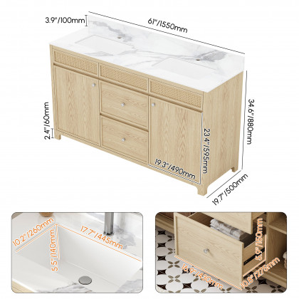 HMR - Bathroom Vanity Set 61" Freestanding Stone Bathroom Vanity Natural with Double Sinks