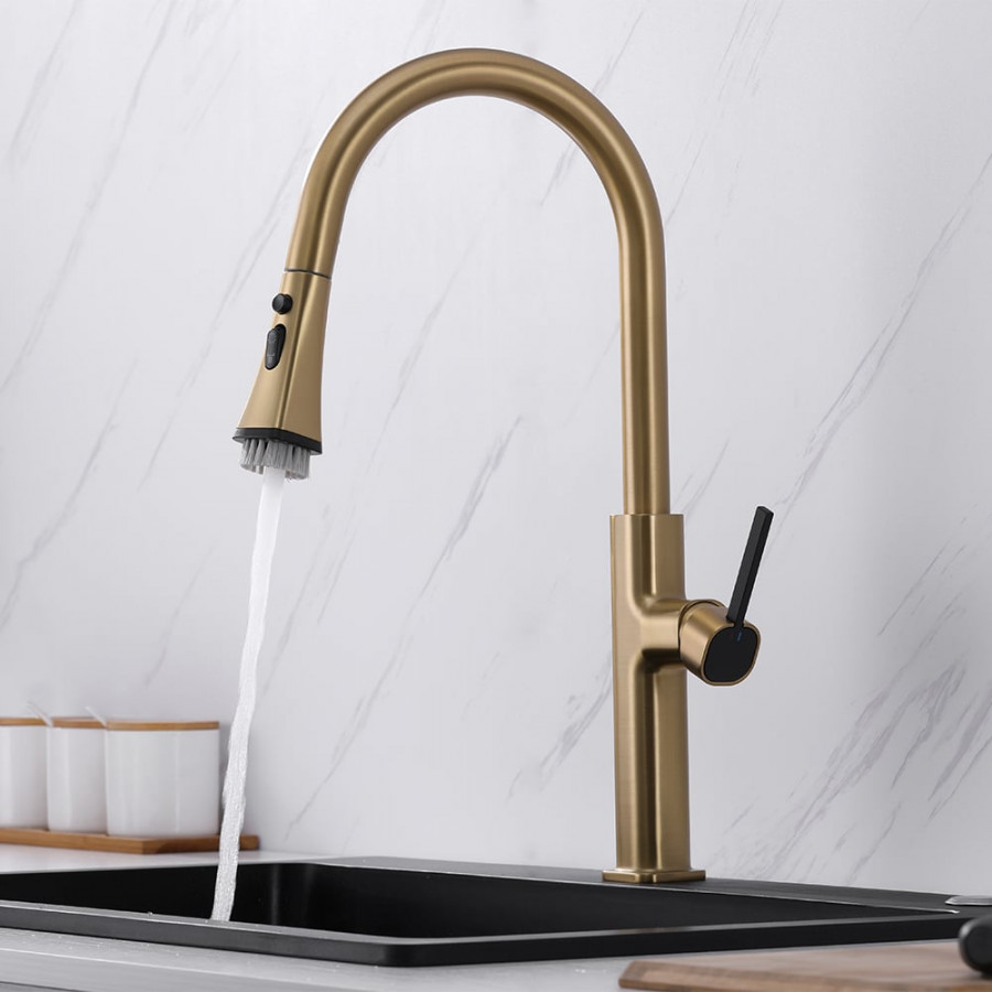 HMR - Gold Single Hole High Arc Kitchen Faucet Pull-Down 3-Mode Spray