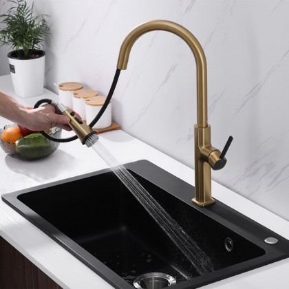 HMR - Gold Single Hole High Arc Kitchen Faucet Pull-Down 3-Mode Spray