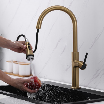 HMR - Gold Single Hole High Arc Kitchen Faucet Pull-Down 3-Mode Spray