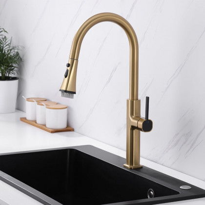 HMR - Gold Single Hole High Arc Kitchen Faucet Pull-Down 3-Mode Spray
