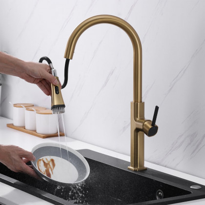 HMR - Gold Single Hole High Arc Kitchen Faucet Pull-Down 3-Mode Spray