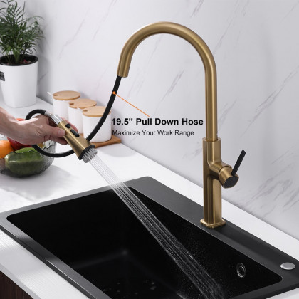HMR - Gold Single Hole High Arc Kitchen Faucet Pull-Down 3-Mode Spray