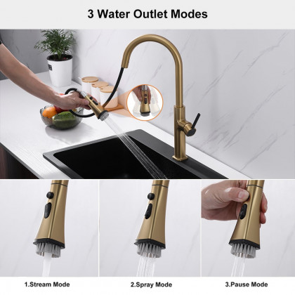 HMR - Gold Single Hole High Arc Kitchen Faucet Pull-Down 3-Mode Spray