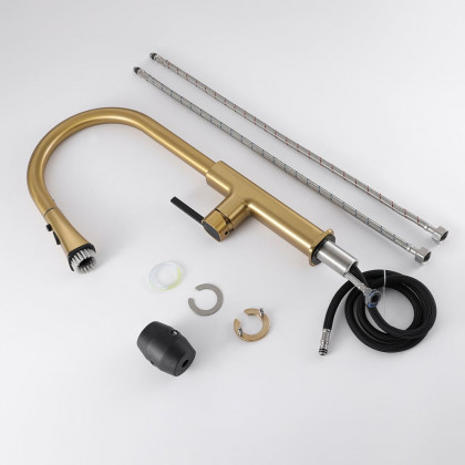 HMR - Gold Single Hole High Arc Kitchen Faucet Pull-Down 3-Mode Spray