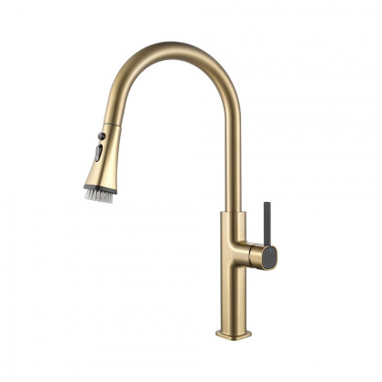 HMR - Gold Single Hole High Arc Kitchen Faucet Pull-Down 3-Mode Spray
