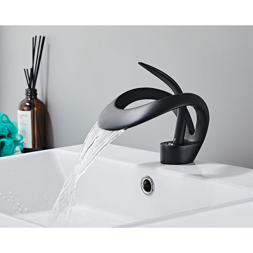 HMR Waterfall Bathroom Sink Faucet Single Handle Solid Brass - Black
