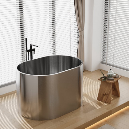 HMR - 48" Japanese Oval Freestanding Stainless Steel Soaking Bathtub 52.83-Gallon Capacity